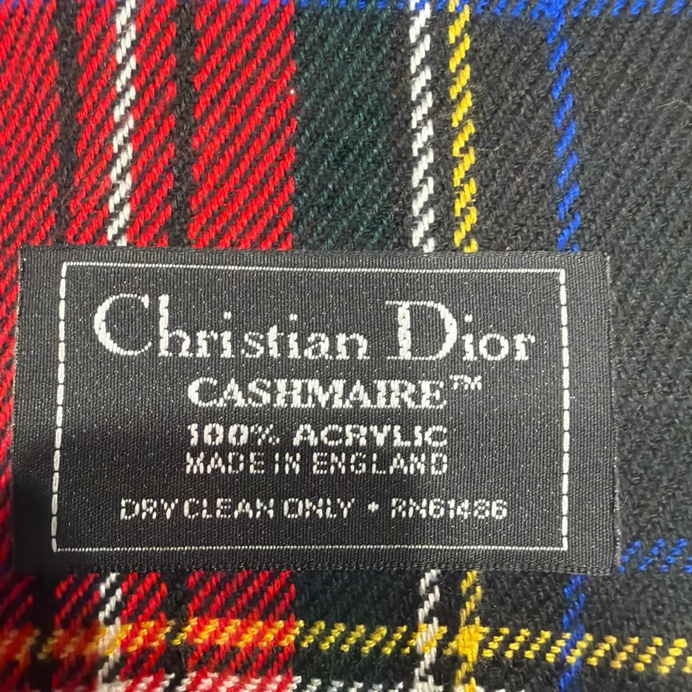 Christian Dior Cashmere Tartan Plaid Scarf Red Green Fringe Made England 54”